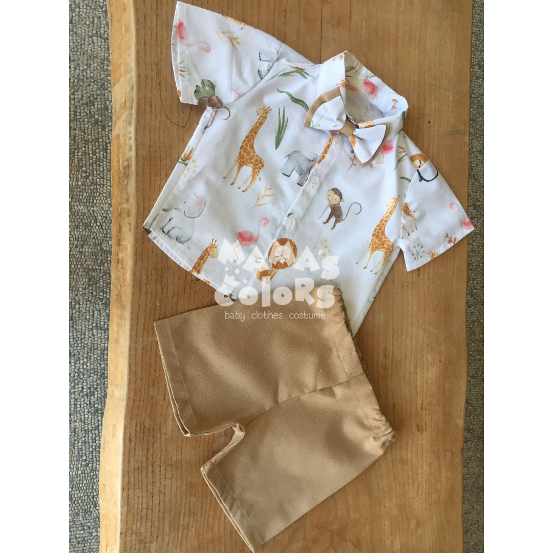 Safari Desenli Gömlek, Papyon ve Şort Takım