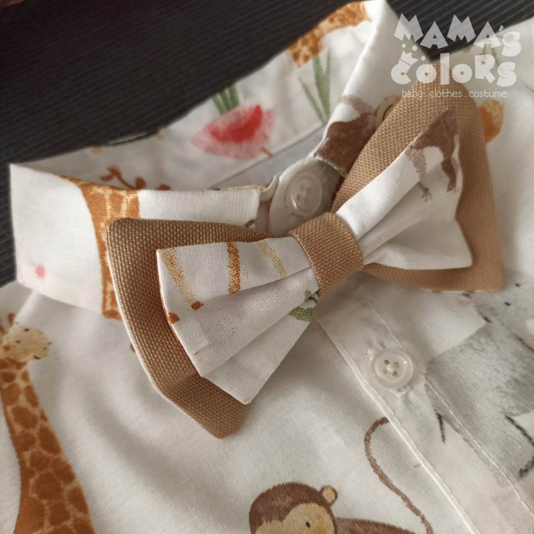 Safari Desenli Uzun Kollu Gömlek, Papyon ve Pantolon Takım