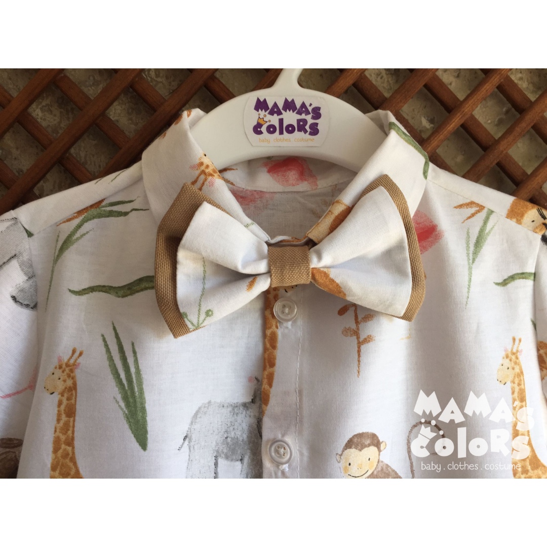 Safari Desenli Uzun Kollu Gömlek, Papyon ve Pantolon Takım