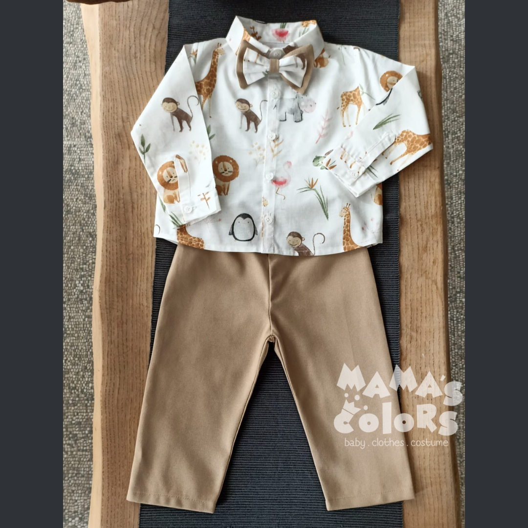 Safari Desenli Uzun Kollu Gömlek, Papyon ve Pantolon Takım