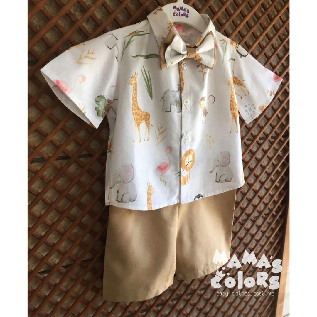 Safari Desenli Gömlek, Papyon ve Şort Takım